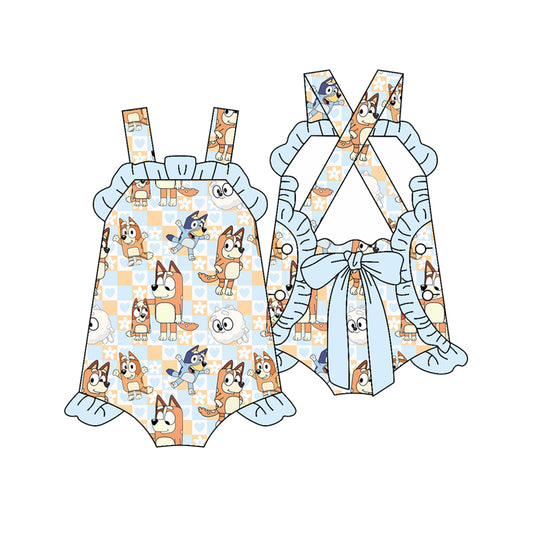 Baby Girls Plaid Strap Cartoon Dogs Flowers Rompers Preorder