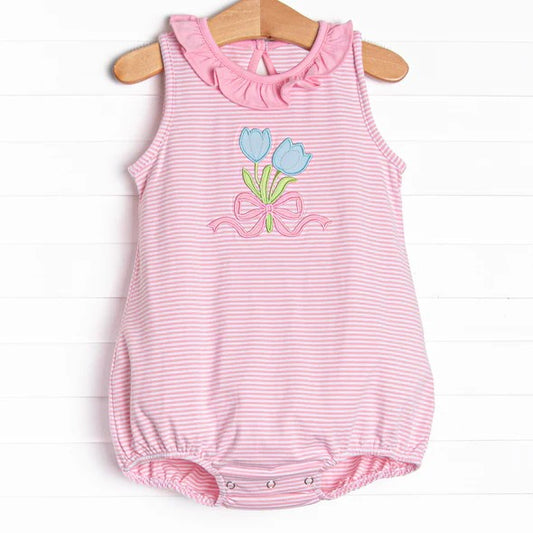 Baby Girls Pink Stripe Sleeveless Flower Top Rompers Preorder