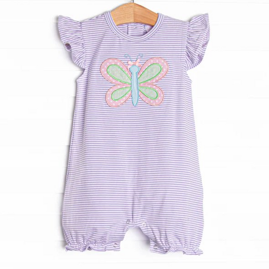 Baby Girls Lavender Stripe Flutter Sleeves Butterfly Rompers Preorder