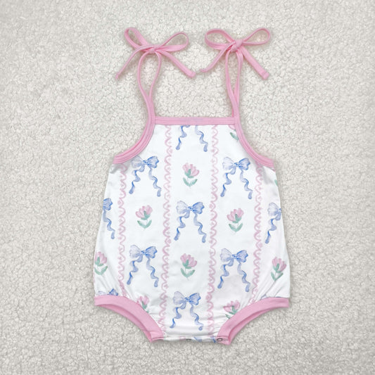 Baby Girls Pink Strap Blue Bows Stripe Bummies Rompers