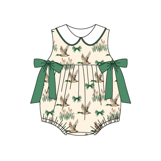 Baby Girls Khaki Sleeveless Green Ducks Bows Rompers Preorder