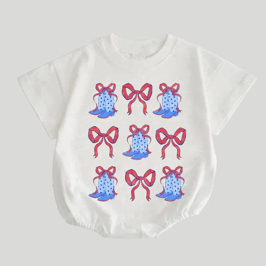 Baby Girls White Short Sleeves Red Bows Boots Rompers Preorder