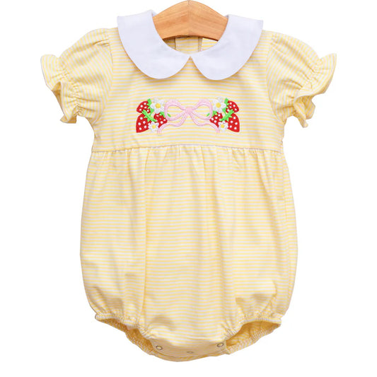 Baby Girls Yellow Stripe Short Ruffle Sleeves Bow Strawberry Rompers Preorder