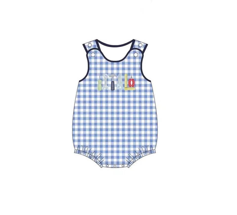 Baby Boys Sleeveless Blue Plaid Tools Rompers Preorder
