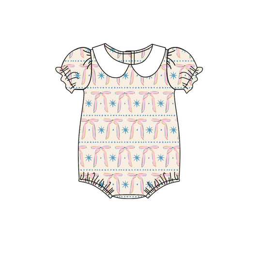 Baby Girls Peach Short Ruffle Sleeves Bows Stars Rompers Preorder