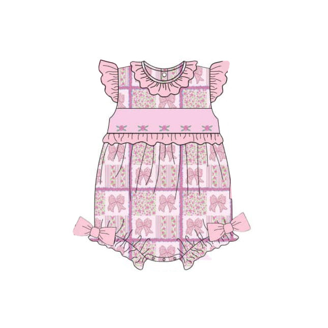 Baby Girls Pink Flutter Sleeves Floral Bows Plaid Rompers Preorder