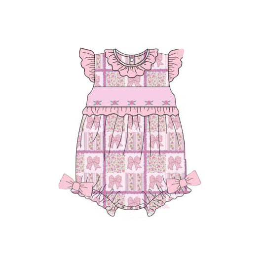 Baby Girls Pink Flutter Sleeves Floral Bows Plaid Rompers Preorder