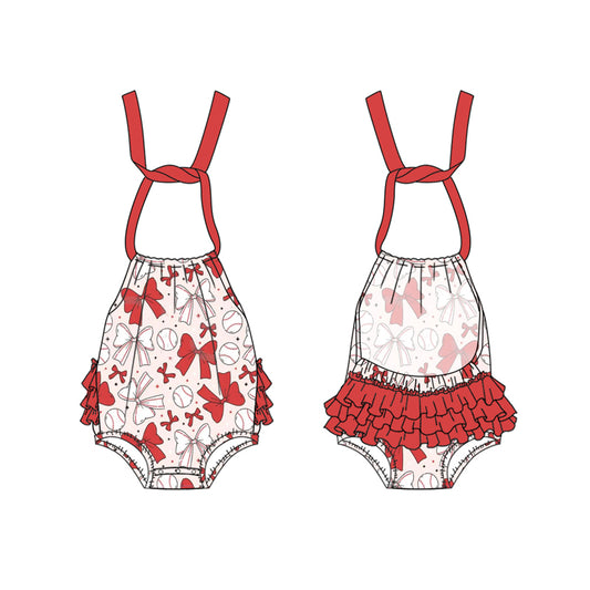 Baby Girls Red Strap Bows Baseballs Rompers Preorder
