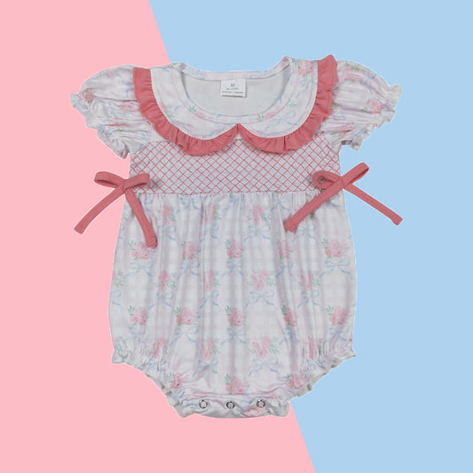 SR2917 Baby Girls Embroidery Pink Floral Bubble Romper
