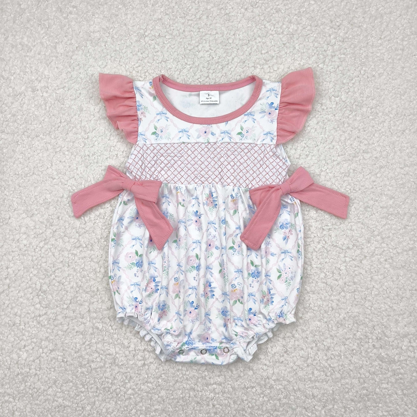 SR2923 Newborn Baby Girls Floral Pink Bow Romper