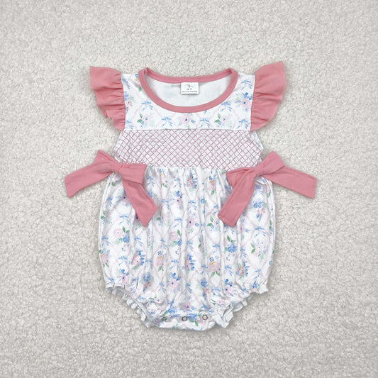 SR2923 Newborn Baby Girls Floral Pink Bow Romper