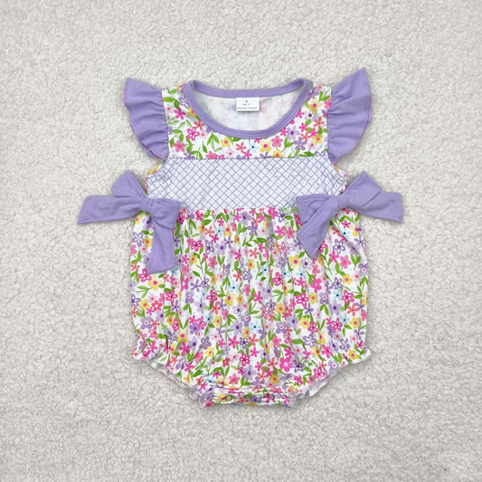 SR2958 Newborn Baby Girls Floral Purple Bow Romper