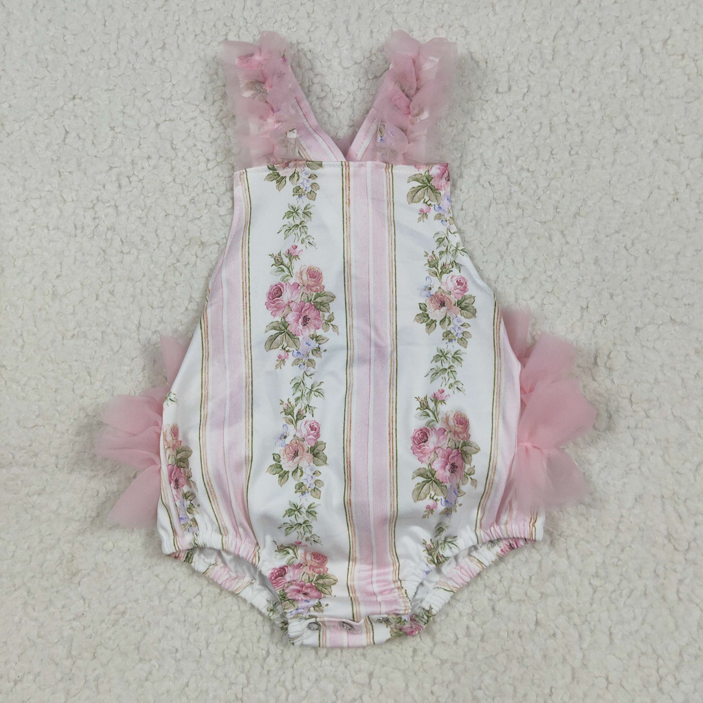 Baby Infant Girls Pink Tulle Strap Floral Stripe Ruffle Rompers