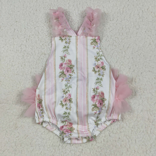 Baby Infant Girls Pink Tulle Strap Floral Stripe Ruffle Rompers