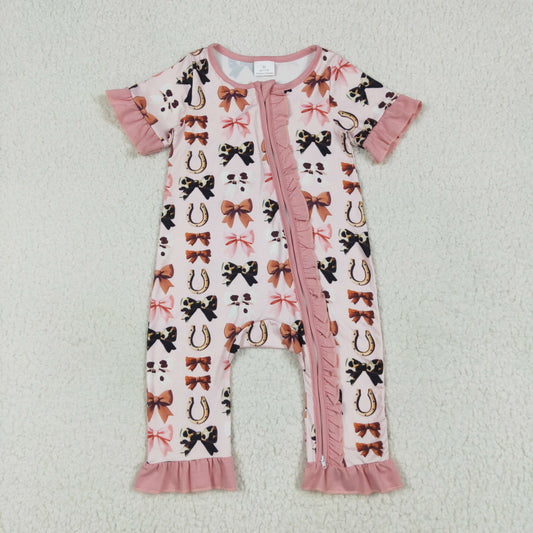 Baby Girls Western Bow Print Short Sleeve Zip Romper