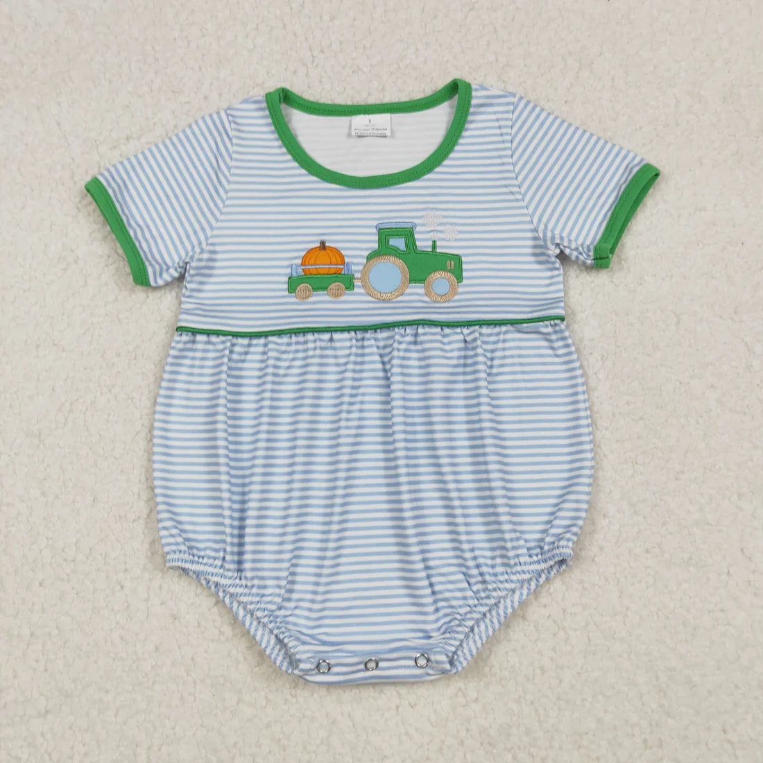 Sibling Baby Boys Blue Striped Pumpkin Truck Applique Top With Shorts Set /Romper