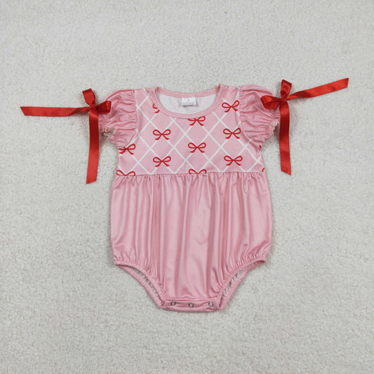 SR3285 Baby Girls Bow  Short Sleeve Pink Bubble Romper