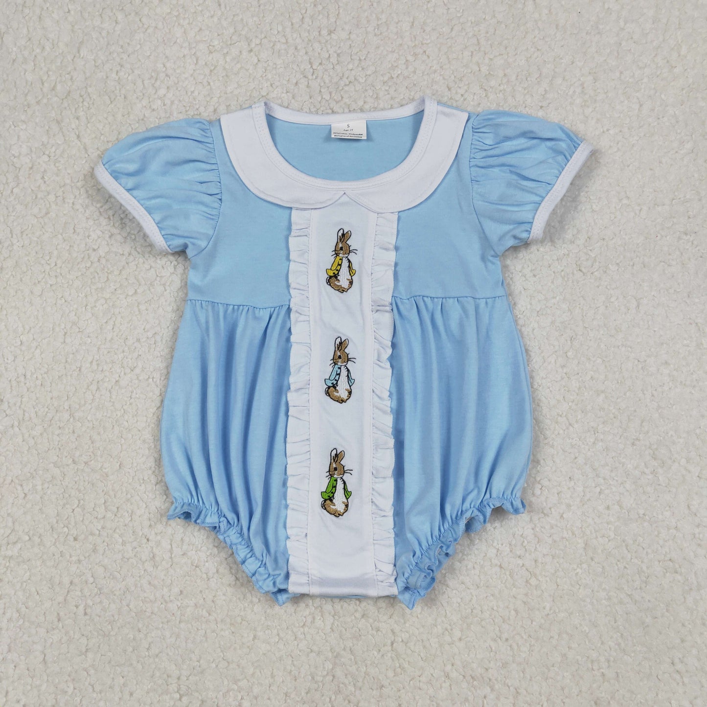 Sibling Baby Girls Embroidery Rabbits Blue Short Sleeve Dress/Romper