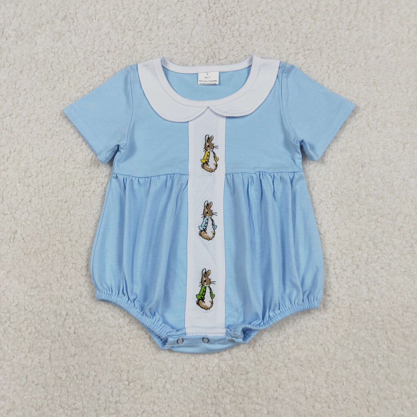Sibling Baby Girls Embroidery Rabbits Blue Short Sleeve Dress/Romper