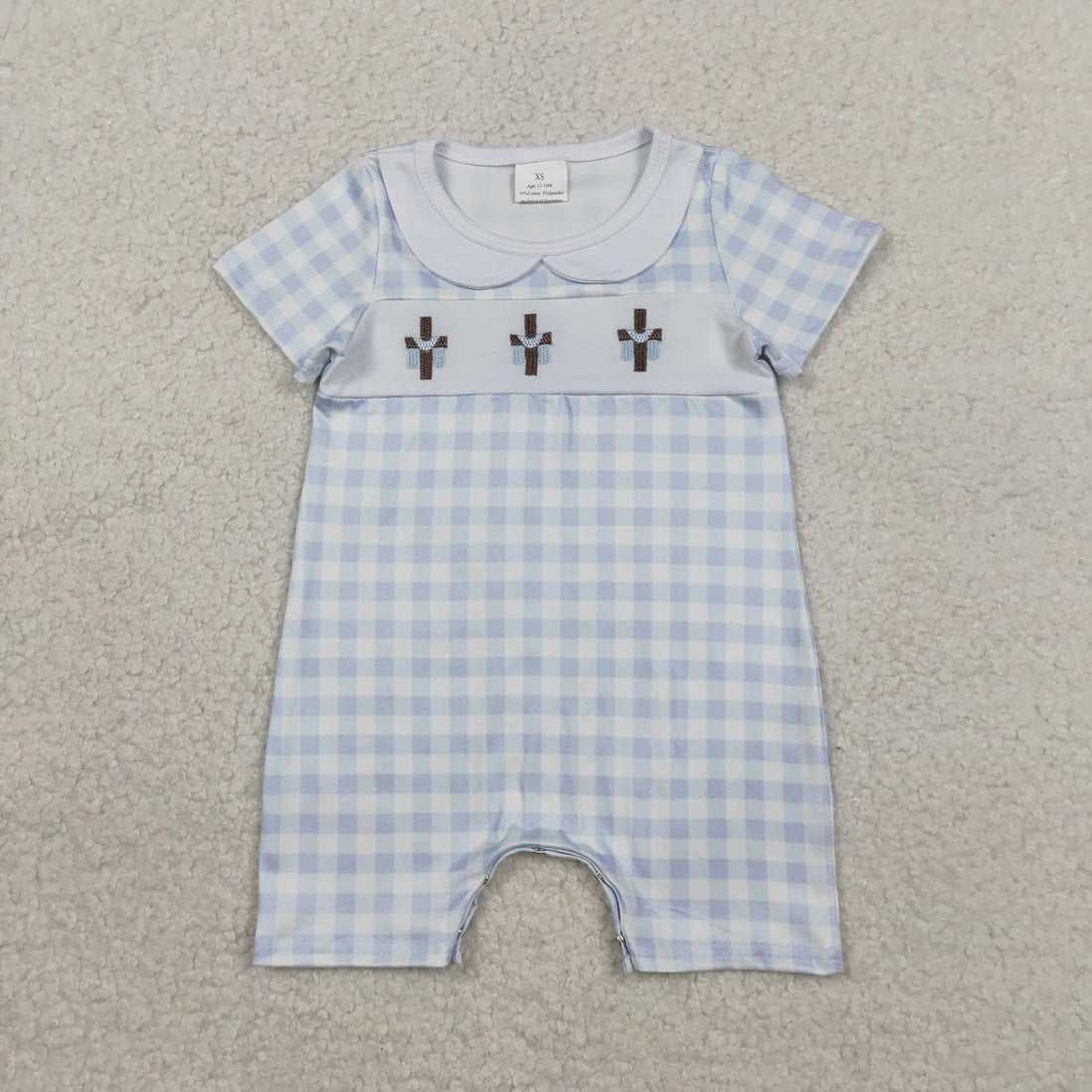 Sibling Baby Girls Boys Embroidery Crosses Gingham Easter Dress /Romper
