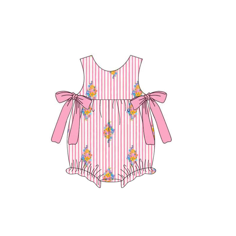 SR3771 Baby girls flowers pink striped romper preorder