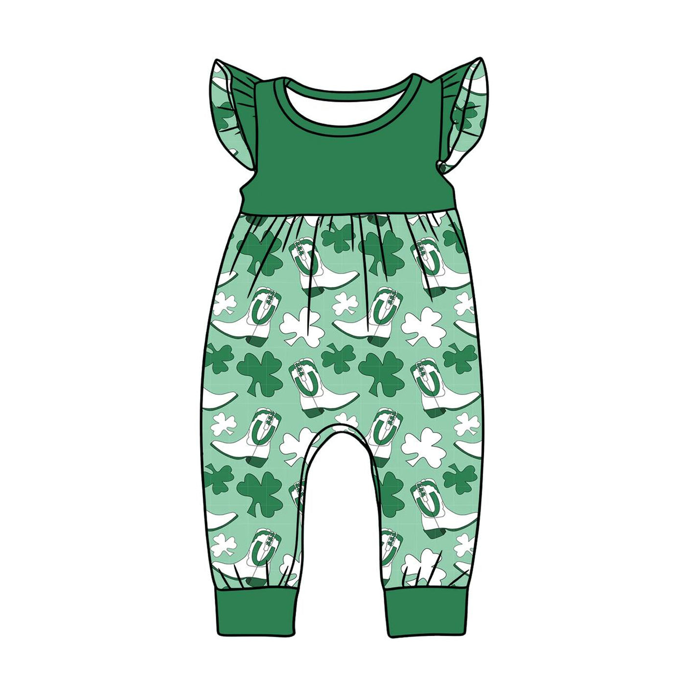SR3783 Baby Girls Saint Patrick Shamrock boots Romper Preorder
