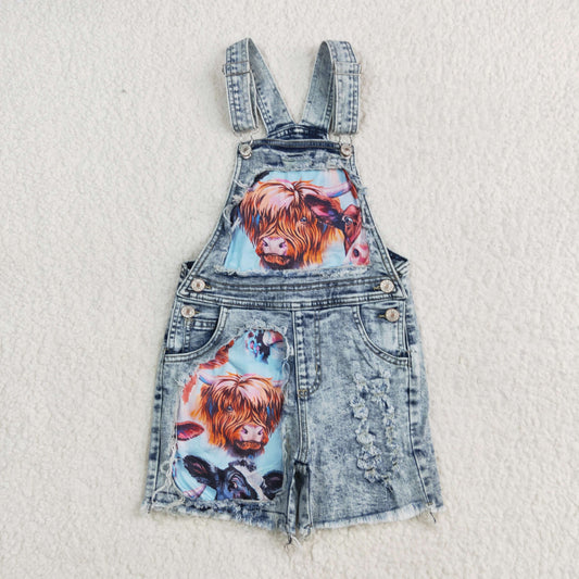 SS0023 Baby Girls Highland Cow Denim Overall