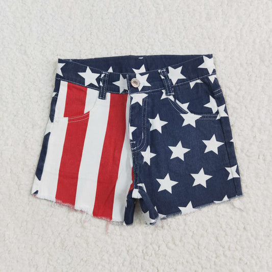 SS0168 July 4th Baby Girls Blue Red Color Denim Shorts