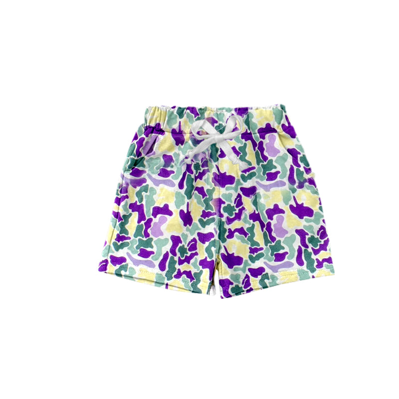 Baby Boys Purple Green Yellow Camo Print Mardi Gras Shorts Preorder