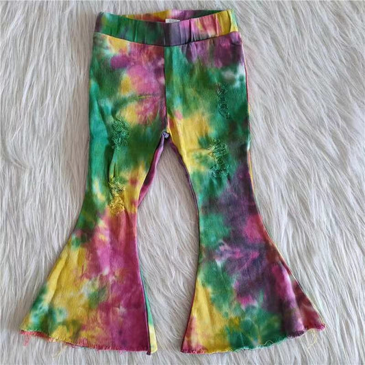 Green Color Tie Dye Ruffle Denim Pants