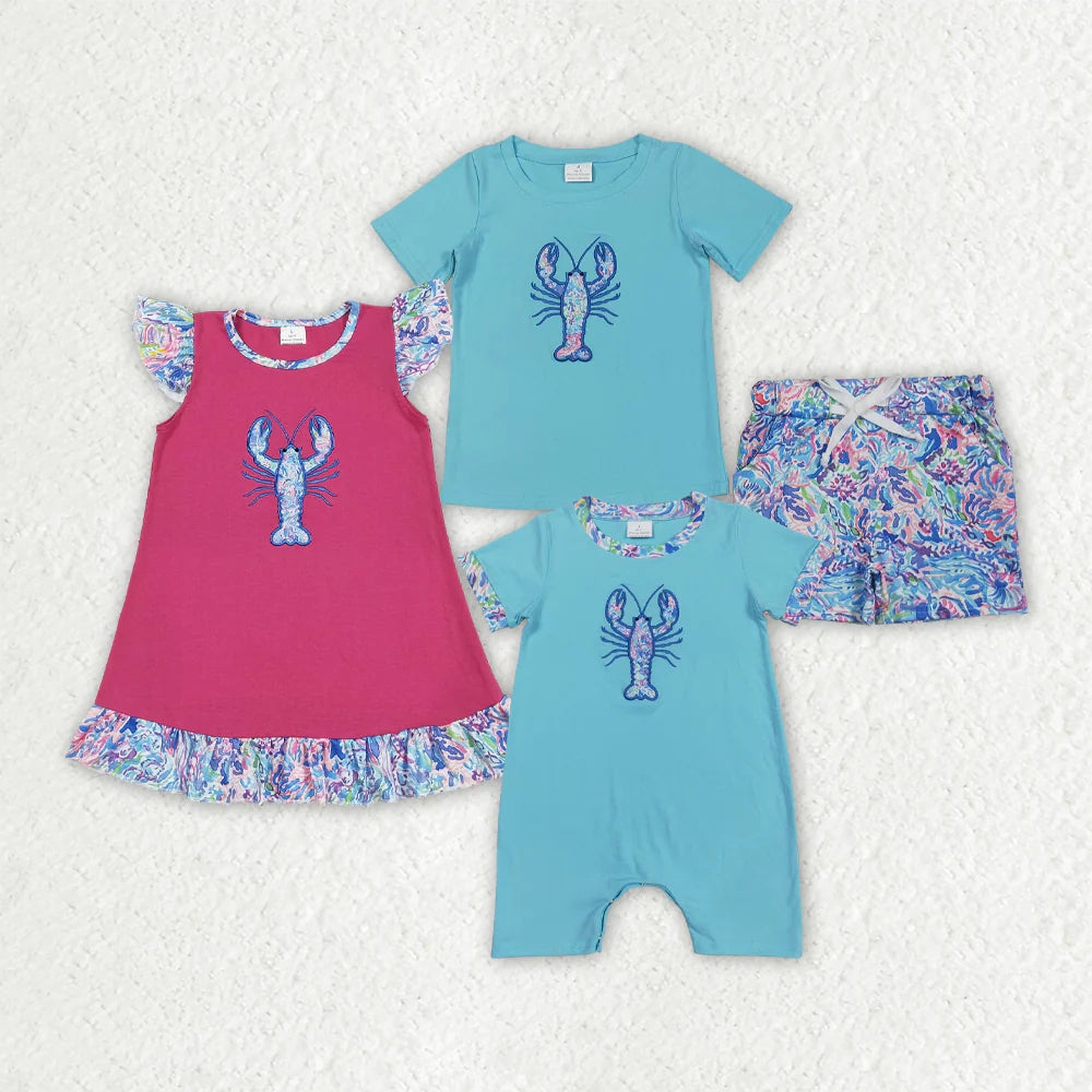 Sibling Embroidery Baby Boys Girls Floral Crayfish Sumoer Clothes Sets Dress Rompers