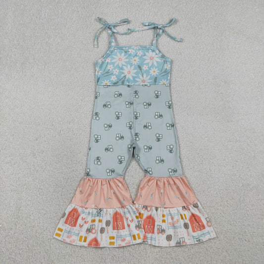 SR3587 Baby Girls Tractors Flowers Strap Jumpsuit