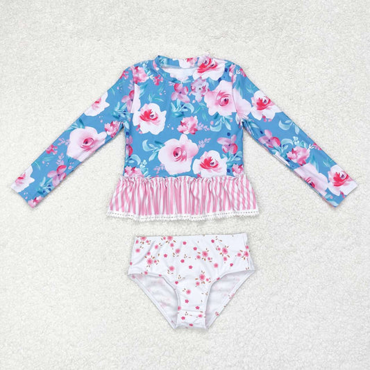 Baby Girls Long Sleeve Flower Print two pieces swimsuits