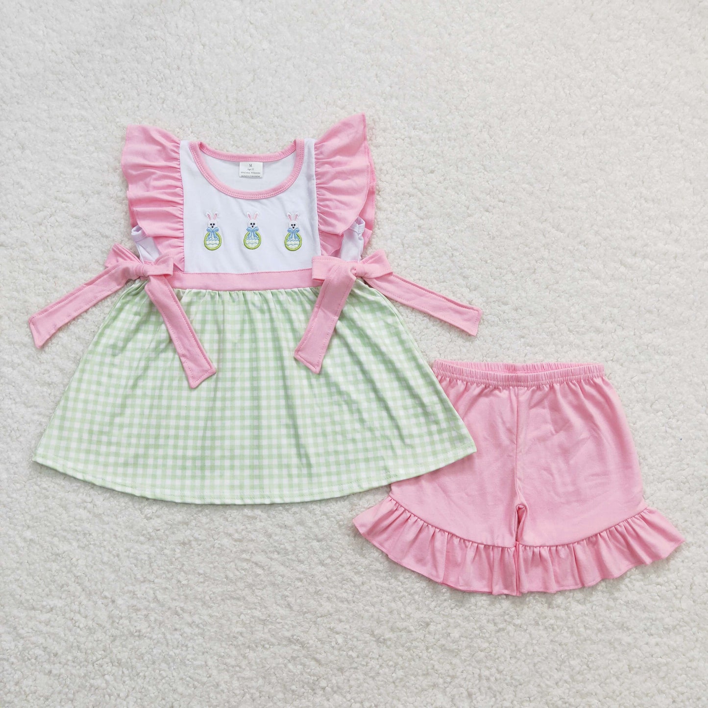 Kids Girls Easter Embroidery Bunny Eggs Matching Pink Shorts Set