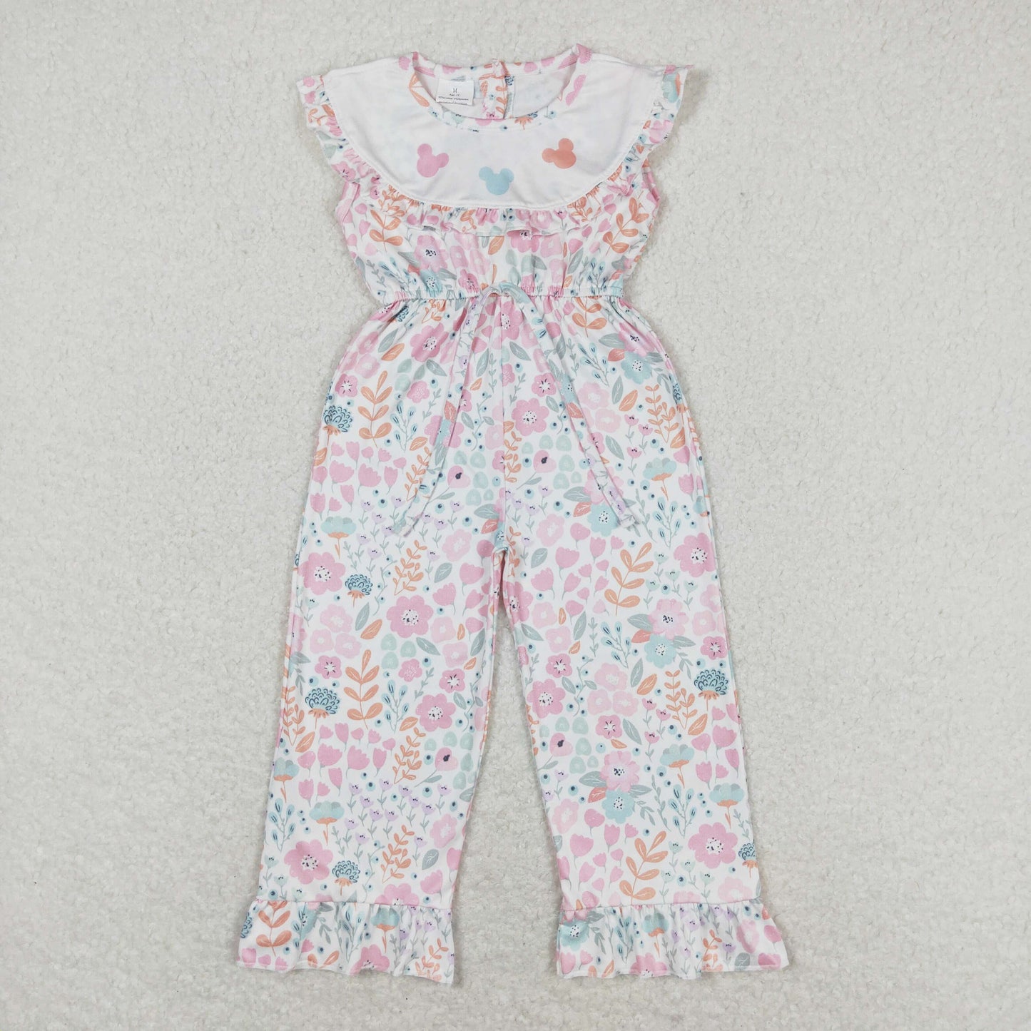 SR1139 Kids Girls Embroidery Cartoon Mouse Flower Jumpsuit