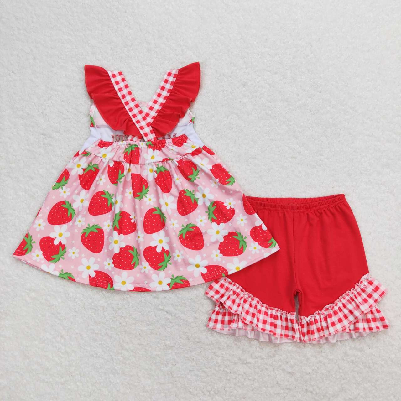 Summer Mama's Girl Strawberry Embroidery Shorts Set