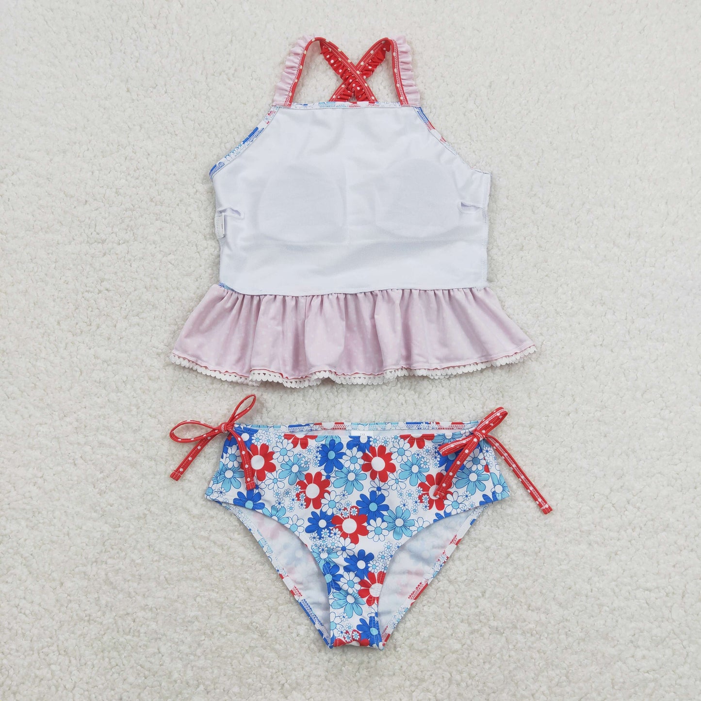 Girls Blue Red Flower Print Two Piece Swimsuit