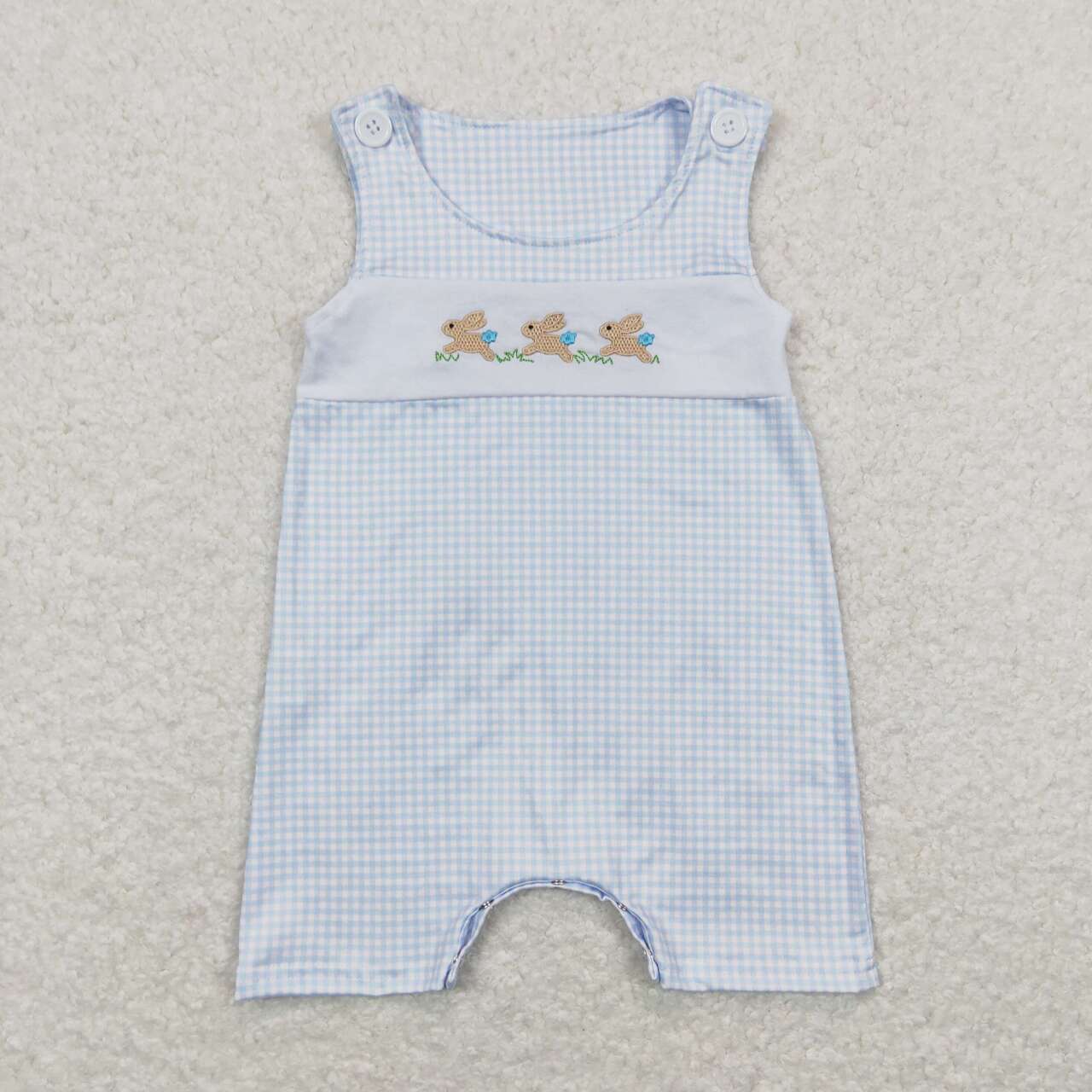 Baby Boys Blue Pliad Sleeveless Embroidery Bunny Easter Romper