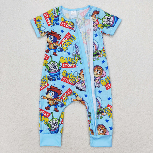 Newborn Baby Boys Blue Cartoon Zipper Bamboo Romper