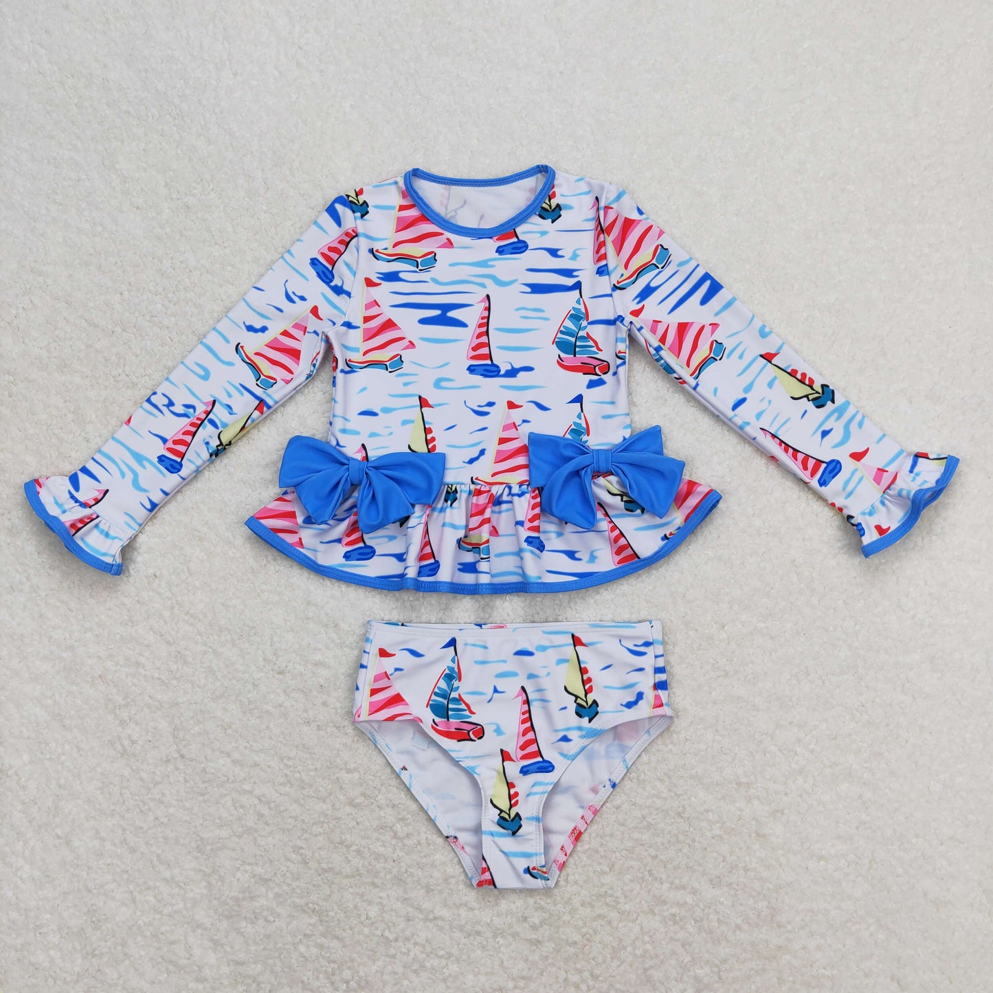 S0276 Baby Girls Sailboat  Two Piece Long Sleeve Swimwear Swimsuit