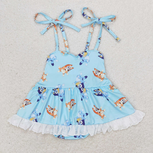 Baby Girls Cartoon Blue Dog Romper