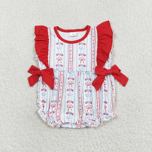 SR1717 Newborn Baby Girls July 4th USA Flag Bow Romper