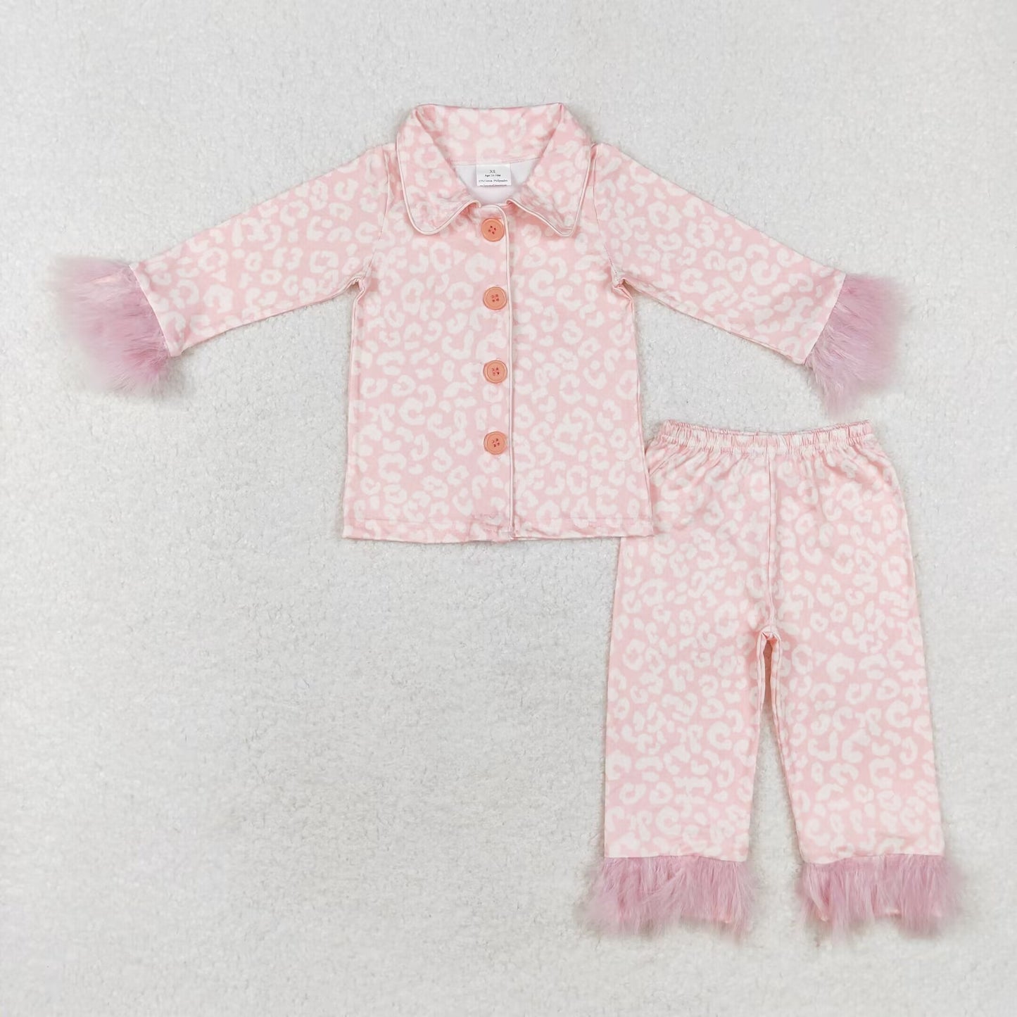 Baby Girls Light Pink Leopard Pajama Set  With Fur