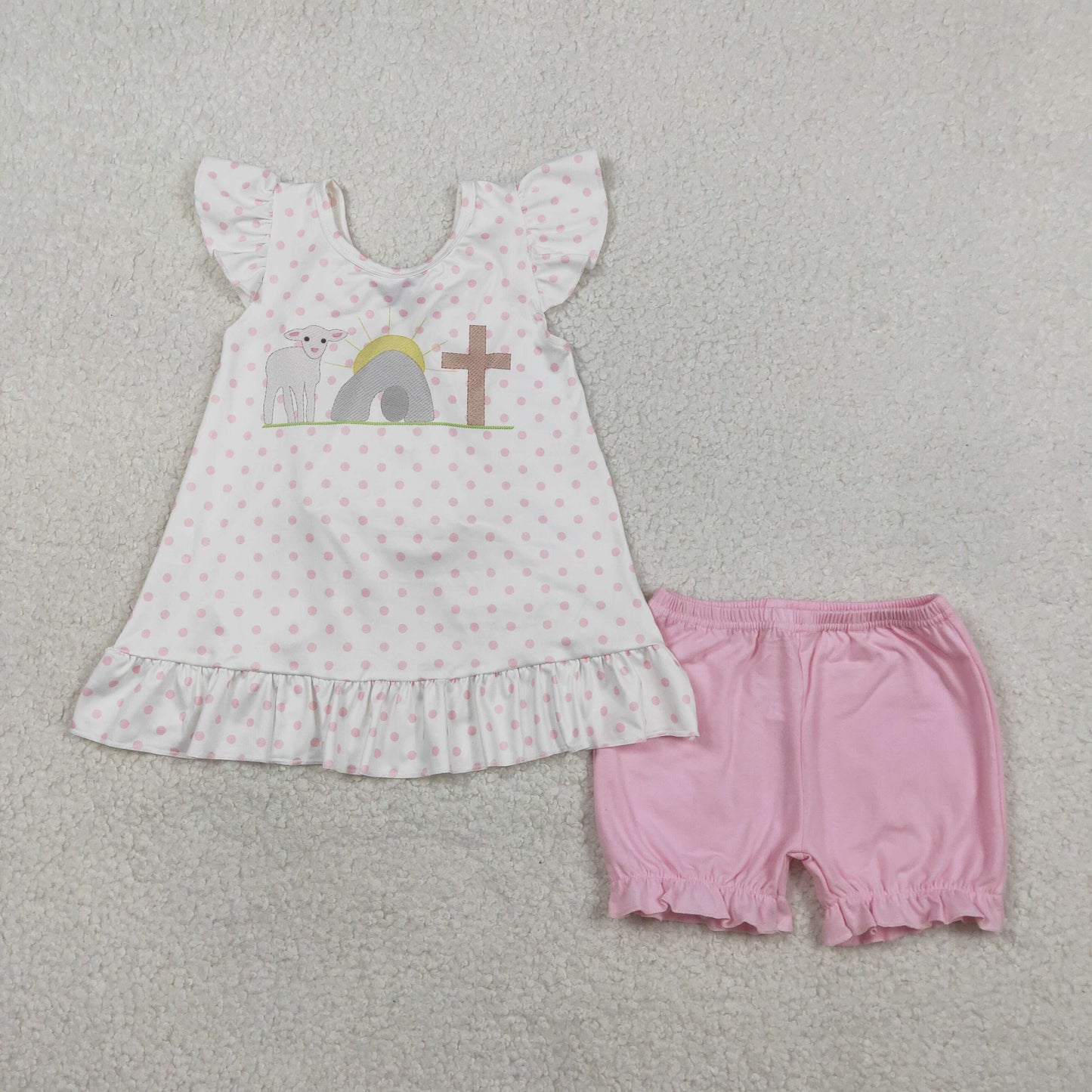 GSSO3018 Baby Girls Easter Sheep Cross Polka Dot Top Pink Shorts Set