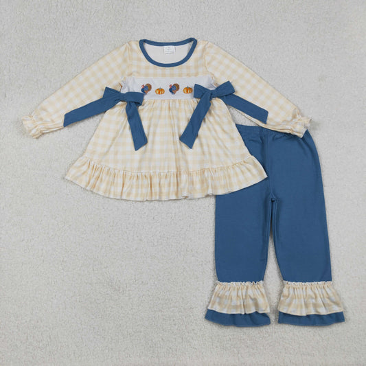 GLP2594 Embroidery Baby Girls Long Ruffle Sleeves Turkey Pumpkins Bows Tunic Pant Set