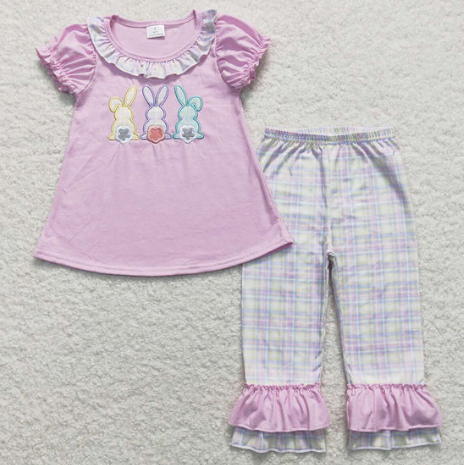 Baby Girls Pink Short Sleeves Embroidery Bunny Tunic Plaid Pant Easter Set