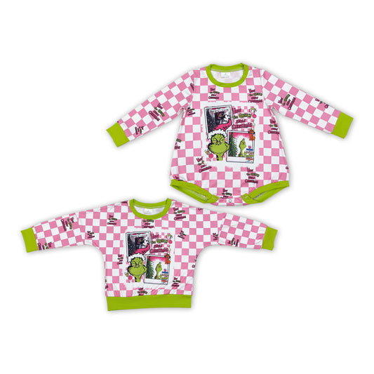 Baby Girls Sister Chrismtas Green Face Pink Checker Top and Romper