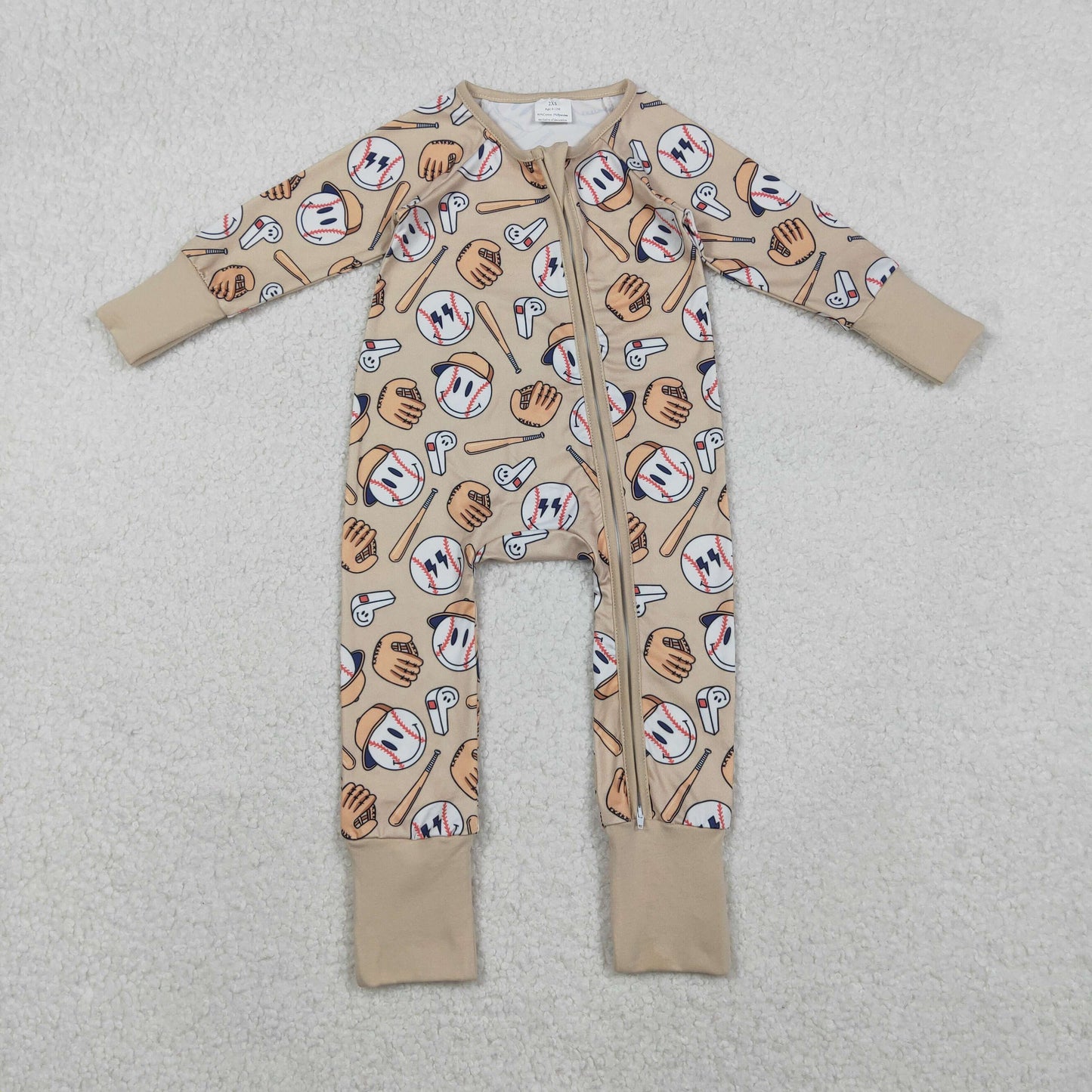Sibling Baby Boys Baseball happy Face Long Sleeve Pajama Set /Zipper Romper