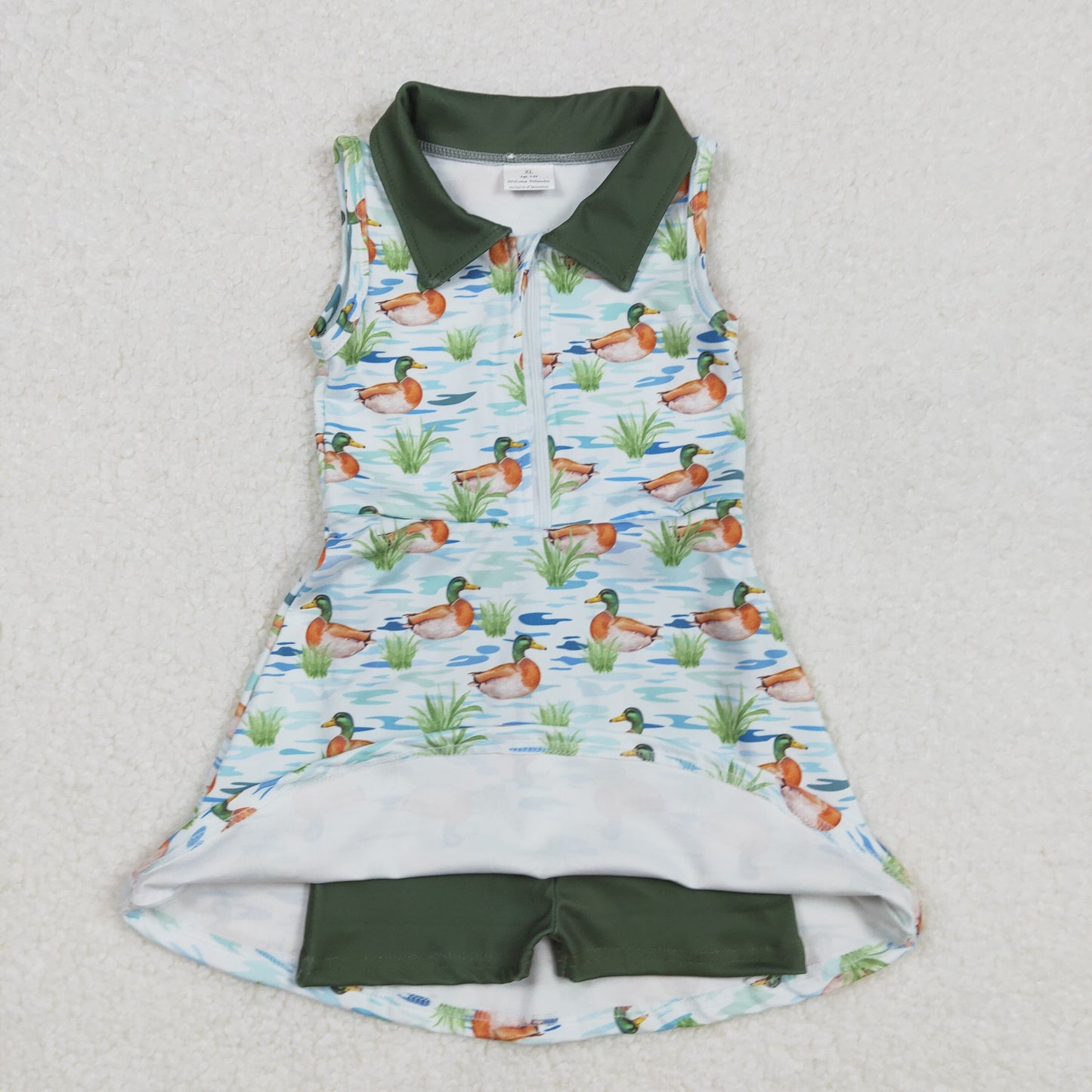 Baby Girls Dark Green Sleeveless Ducks Yoga Zipper Dresses With Shorts