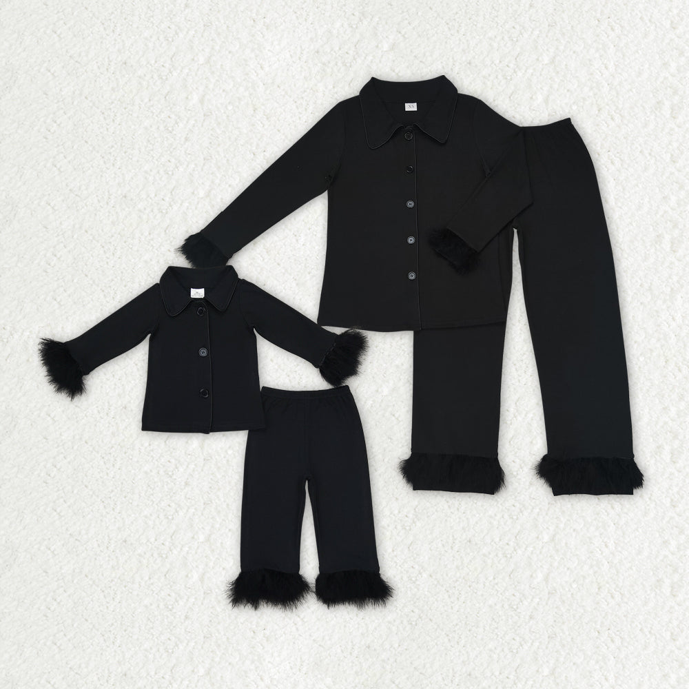 Mommy and Me Black Color Cotton Button Up Top Pants Fur Pajamas